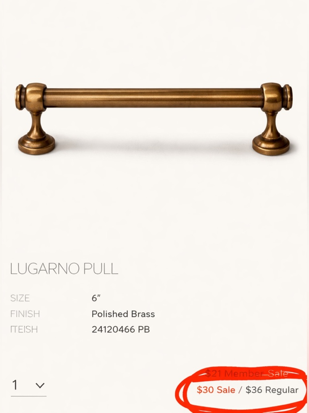 New In Box Restoration Hardware Lugarno 6” Polished Brass Drawer Pull